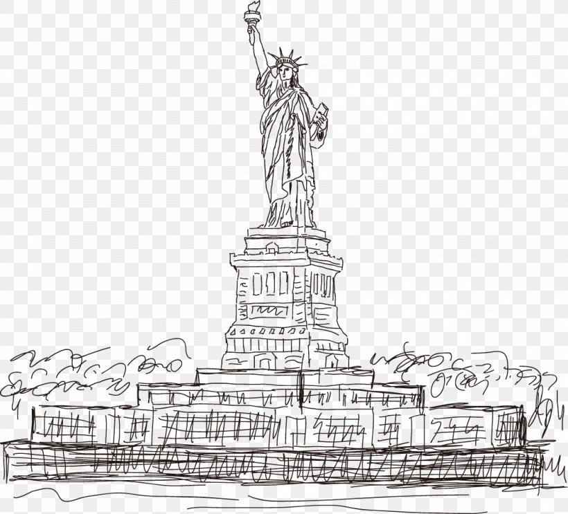 Statue Of Liberty Eiffel Tower Landmark, PNG, 1054x956px, Statue Of Liberty, Architecture, Artwork, Black And White, Cartoon Download Free