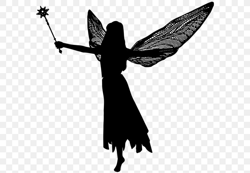 Silhouette Fairy Clip Art, PNG, 600x568px, Silhouette, Art, Black And White, Butterfly, Drawing Download Free