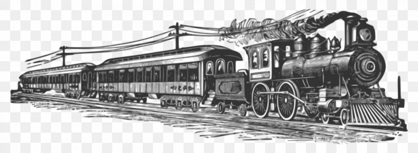 Train Rail Transport Steam Locomotive Clip Art, PNG, 2400x880px, Train, Artwork, Auto Part, Black And White, Express Train Download Free