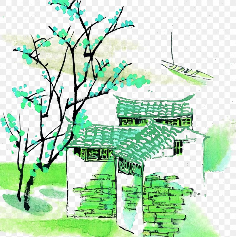 Green Jiangnan Water Village, PNG, 2171x2180px, Ink Wash Painting, Art, Branch, Chinese Painting, Diagram Download Free