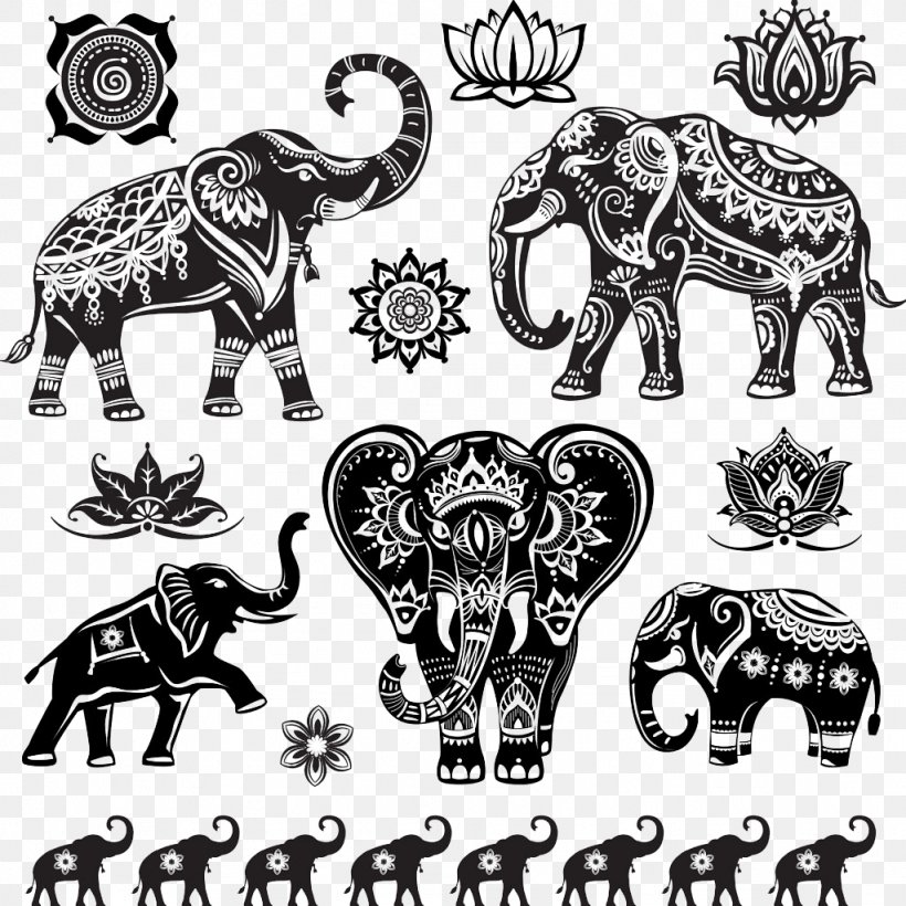 Indian Elephant Royalty-free Illustration, PNG, 1024x1024px, Elephant, African Elephant, Art, Black And White, Drawing Download Free