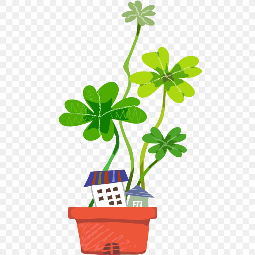 Vector Graphics Illustration Cartoon Image Four-leaf Clover, PNG, 1000x1000px, Cartoon, Clover, Flower, Flowering Plant, Flowerpot Download Free