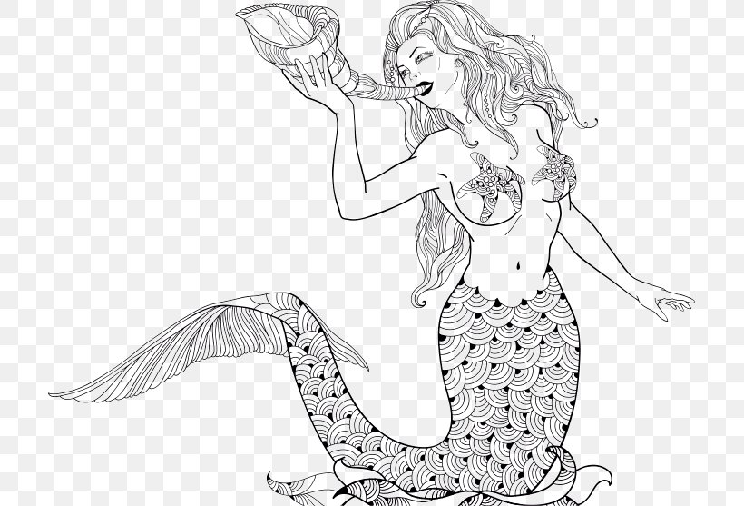 Mermaid Mythology Nymph Legendary Creature Illustration, PNG, 713x557px, Mermaid, Arm, Art, Artwork, Black And White Download Free