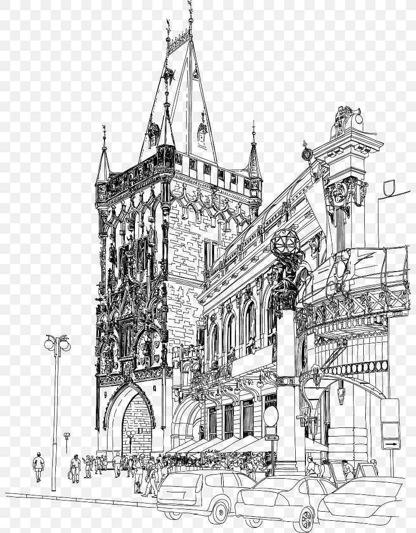 Municipal House Powder Tower, Prague Charles Bridge Gothic Architecture, PNG, 800x1050px, Municipal House, Arch, Architecture, Artwork, Black And White Download Free