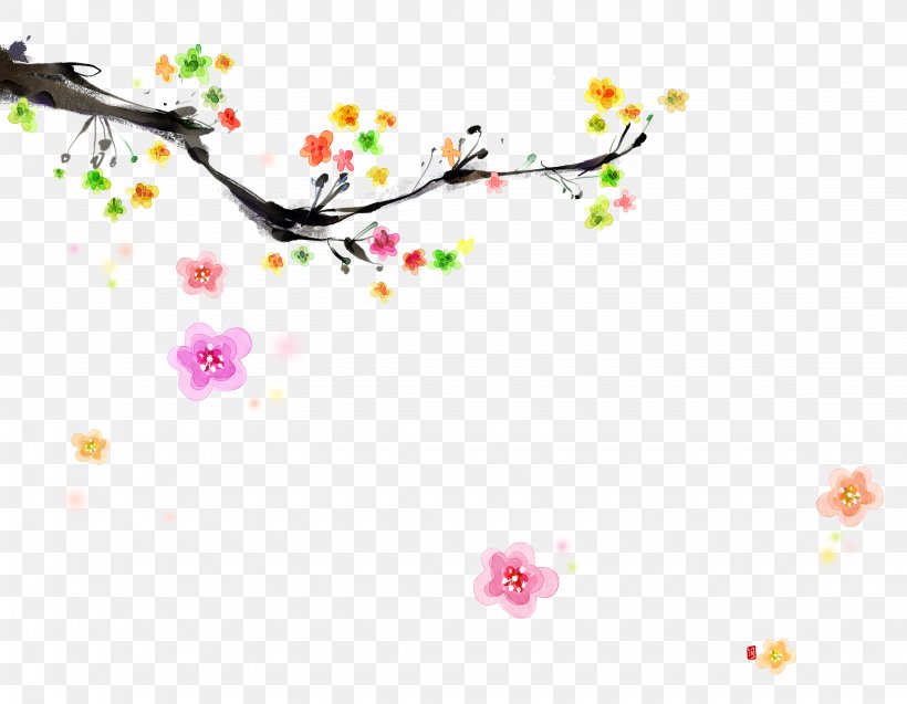 Plum Blossom Gongbi Illustration, PNG, 4500x3500px, Plum Blossom, Blossom, Branch, Cherry Blossom, Color Download Free