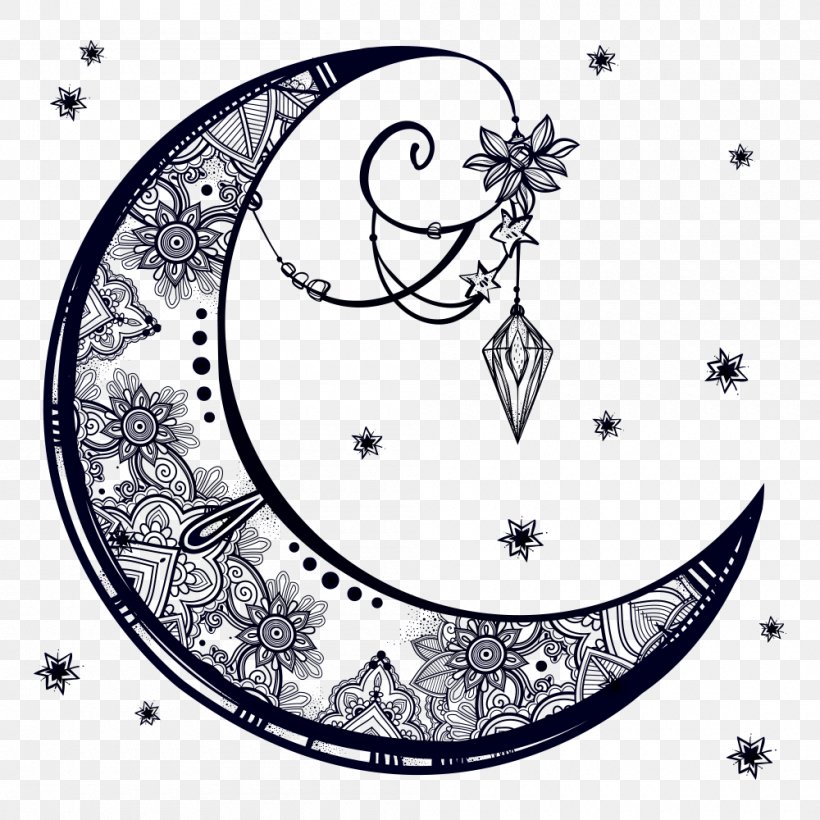 Drawing Crescent Moon, PNG, 1000x1000px, Drawing, Area, Art, Black And White, Clock Download Free