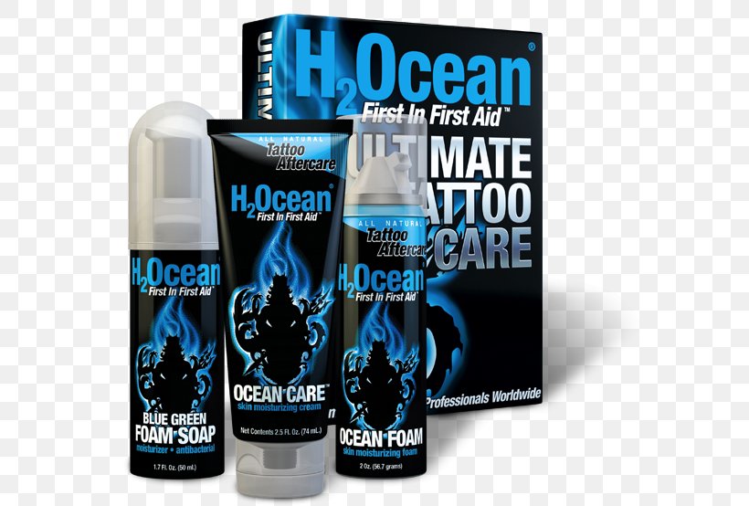 H2Ocean Ultimate Tattoo Care Kit, 180ml H2Ocean Ultimate Tattoo Care Kit, (Blue Green Foam Soap , Ocean Care , Ocean Foam) Lubricant Product Brand, PNG, 585x554px, Lubricant, Brand, Foam, Liquid, Ounce Download Free