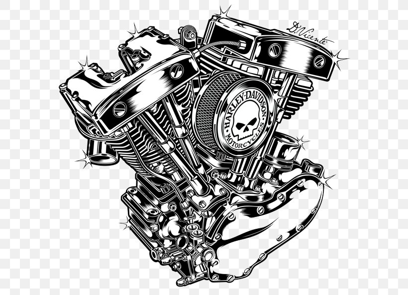 Motorcycle Engine V-twin Engine Harley-Davidson, PNG, 600x593px, Motorcycle Engine, Auto Part, Black And White, Custom Motorcycle, Drawing Download Free