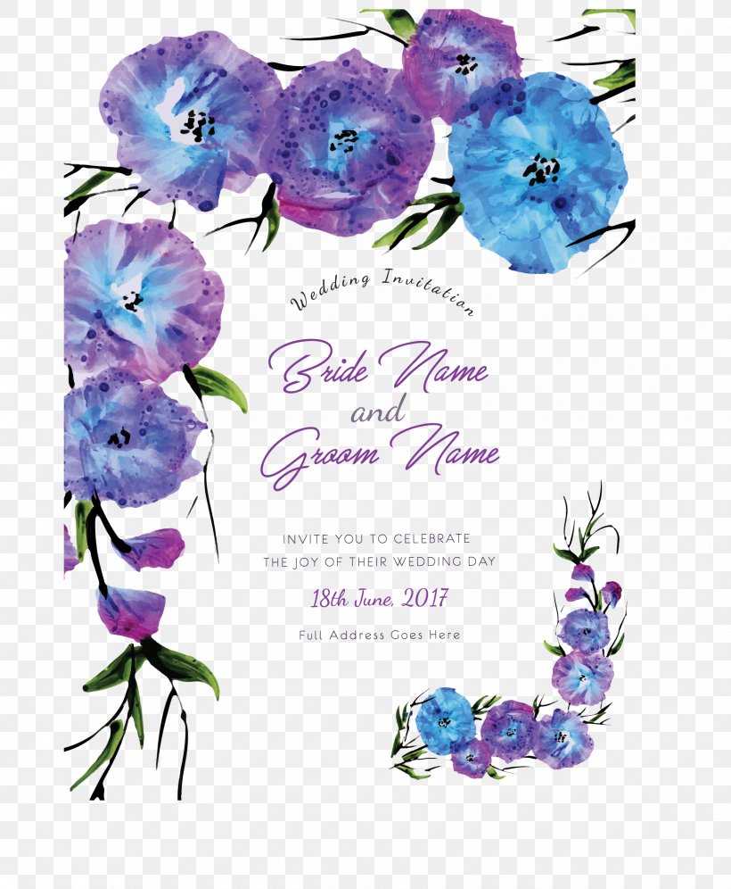 Wedding Invitation Flower Purple Blue, PNG, 1740x2115px, Wedding Invitation, Blue, Color, Convite, Cut Flowers Download Free