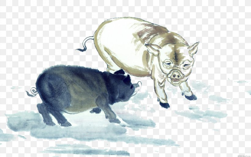 Domestic Pig Chinese Zodiac Ink Wash Painting Chinese Painting, PNG, 2560x1600px, Domestic Pig, Art, Carnivoran, Cat, Cat Like Mammal Download Free