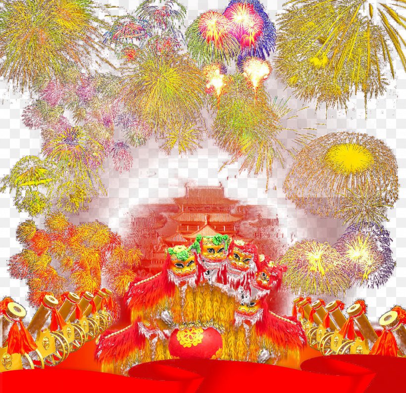 Fireworks Lively Lion Dance, PNG, 1024x992px, Watercolor, Cartoon, Flower, Frame, Heart Download Free