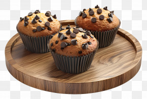 Chocolate Chip Muffins - Chocolate Chip Muffins On Wooden Tray PNG