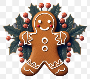Realistic Gingerbread Decoration - Festive Gingerbread Man With Holly Decoration PNG