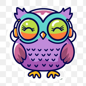 Owl Wearing Headphones - Cute Colorful Cartoon Owl Illustration PNG
