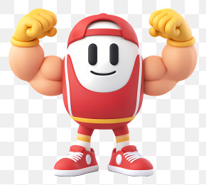 Mascot Flexing Muscles - Muscular Cartoon Character In Red Outfit PNG