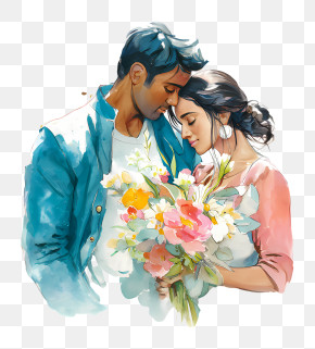 Tender Couple Holding Flowers Watercolor PNG
