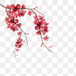 Chinese Feng Shui Color Ink Cherry - Ink Cherry Blossom Watercolor Painting PNG