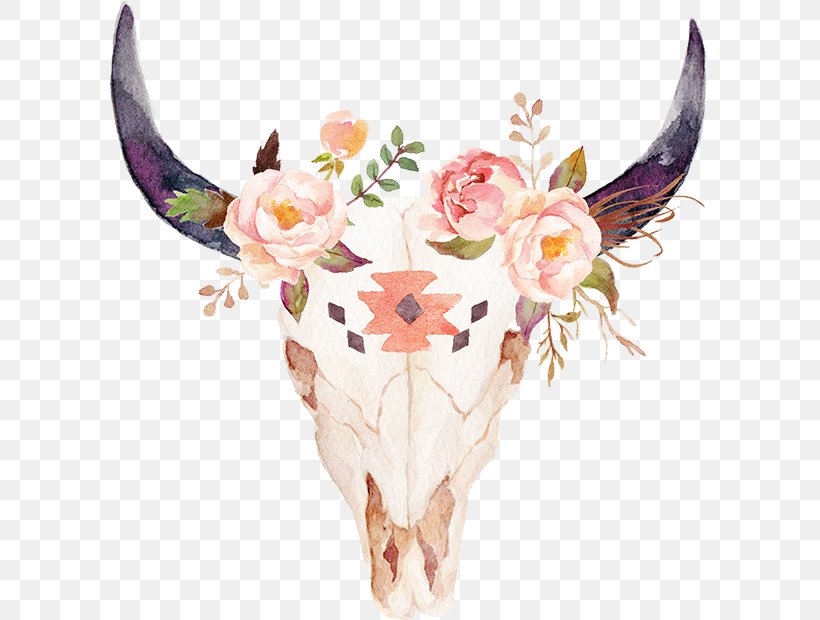 Cattle Watercolor Painting Bull Skull Flower, PNG, 600x620px, Cattle, Art, Blanket, Bohochic, Bull Download Free