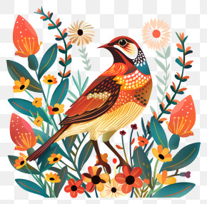 Quail - Colorful Bird In Flower Garden Cartoon Design PNG