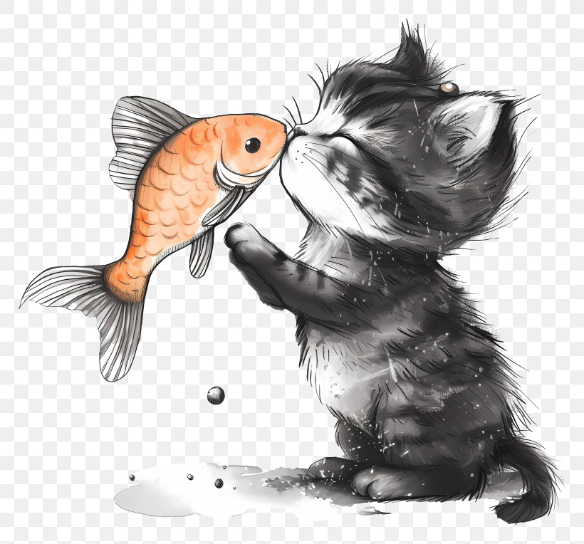 Cat Kissing Fish - Kitten Kissing Fish Illustration PNG