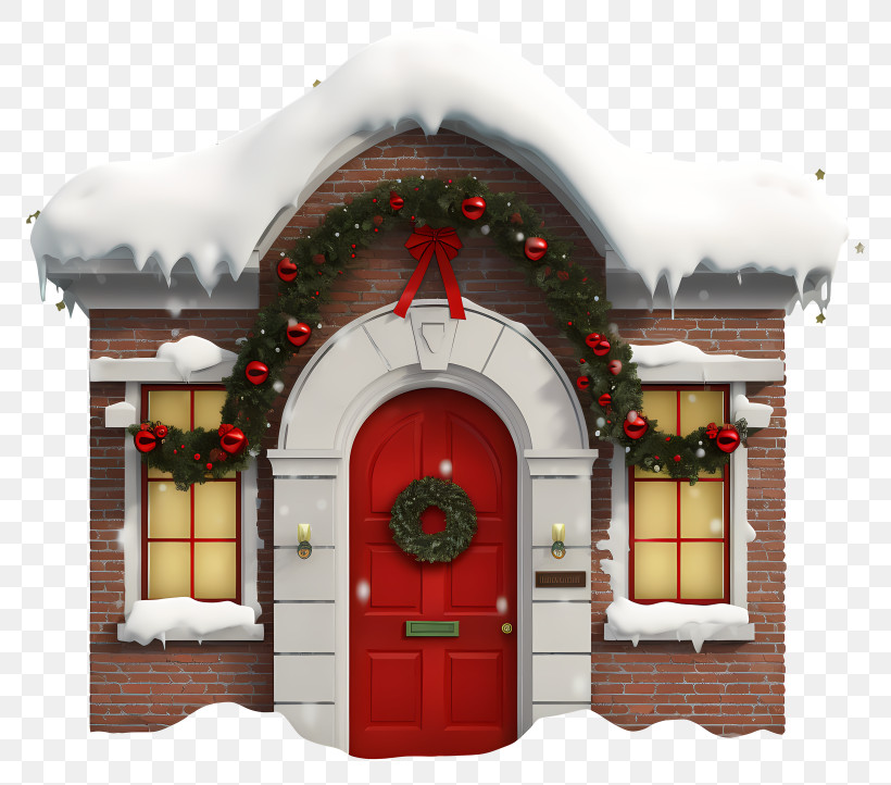 Red Brick Building - Snowy Brick House With Christmas Wreath And Decorations PNG