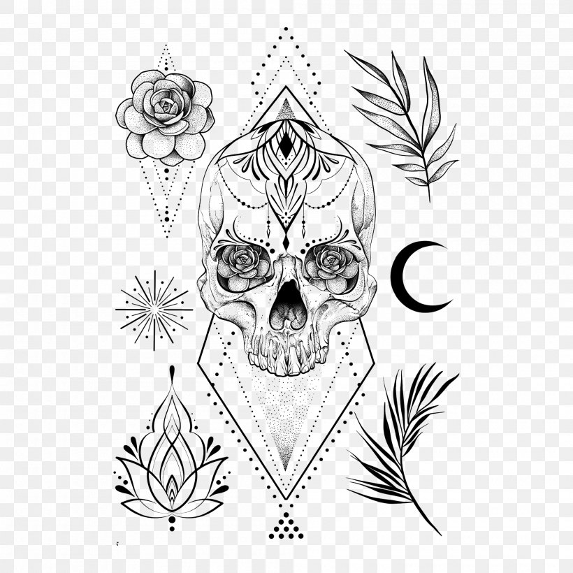 Skull Tattoo Geometry Drawing Calavera, PNG, 2000x2000px, Skull, Abziehtattoo, Blackandwhite, Calavera, Coloring Book Download Free