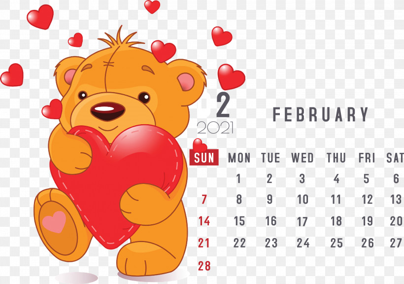 February 2021 Printable Calendar February Calendar 2021 Calendar, PNG, 3000x2108px, 2021 Calendar, Bears, Cuteness, Giant Panda, Heart Download Free