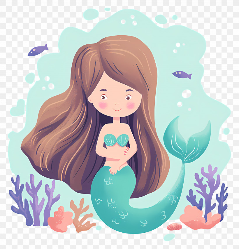 Watercolor Mermaid - Cartoon Mermaid In Underwater Scene PNG
