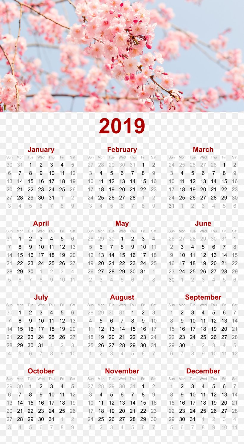 2019 Printable Calendar, PNG, 1280x2324px, Flower, Art Museum, Blossom, Calendar, Cherry Blossom Download Free