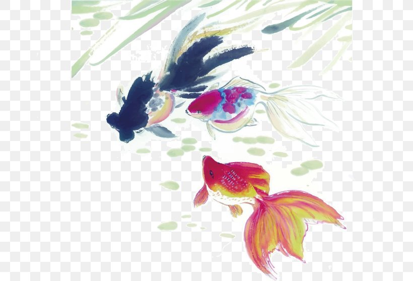 Goldfish Ink Wash Painting Wallpaper, PNG, 675x558px, Goldfish, Aquarium, Art, Carassius Auratus, Creative Work Download Free