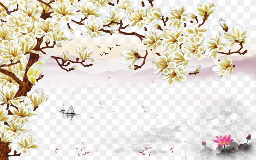 Euclidean Vector Wall Painting, PNG, 9071x5669px, Flower, Blossom, Branch, Cherry Blossom, Cut Flowers Download Free