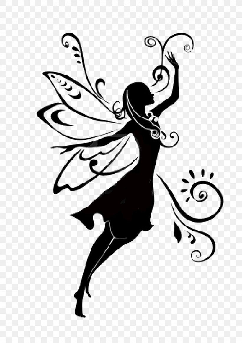 Silhouette Fairy Clip Art, PNG, 849x1200px, Silhouette, Art, Artwork, Black And White, Butterfly Download Free