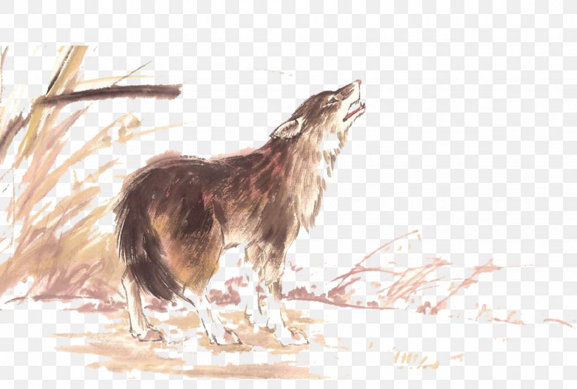 Wolfdog Ink Wash Painting Bird-and-flower Painting, PNG, 1024x691px, Dog, Animal, Art, Birdandflower Painting, Canidae Download Free