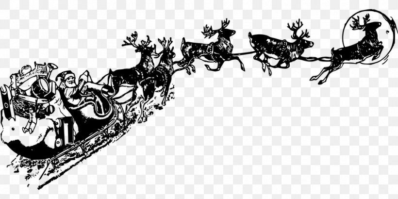 Santa Claus Village Reindeer Sled Clip Art, PNG, 960x480px, Santa Claus, Art, Black And White, Christmas, Christmas Card Download Free