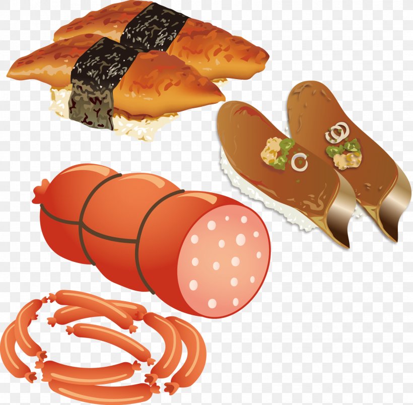 Sushi Sausage Ham Frankfurter Wxfcrstchen Meat, PNG, 1523x1495px, Watercolor, Cartoon, Flower, Frame, Heart Download Free