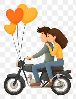 Couple With Hearts - Couple Riding Motorcycle With Balloons PNG