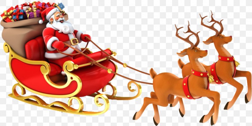 Santa Claus Reindeer Rudolph Sled Clip Art, PNG, 1024x514px, Santa Claus, Christmas, Christmas Decoration, Christmas Ornament, Deer Download Free