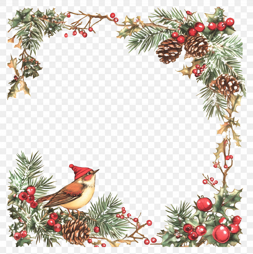 Christmas Border - Festive Christmas Frame With Bird And Greenery PNG