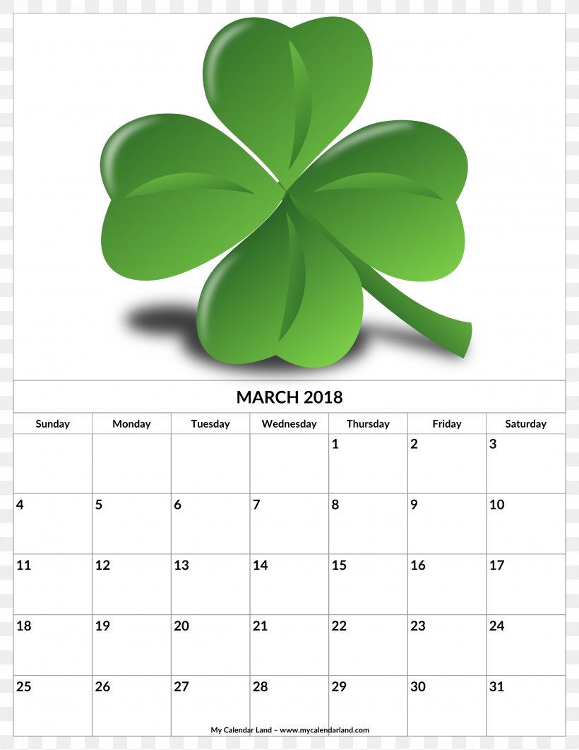 Saint Patrick's Day Shamrock Four-leaf Clover Paper, PNG, 2550x3300px, 17 March, Shamrock, Calendar, Card Stock, Clover Download Free
