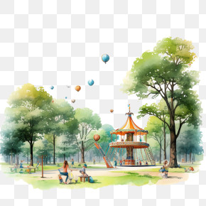National Hop A Park Day - Park With Carousel And Trees PNG