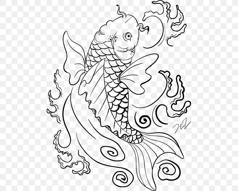 Koi Fish Drawing Carp Coloring Book, PNG, 499x659px, Watercolor, Cartoon, Flower, Frame, Heart Download Free