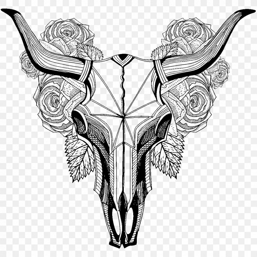 Tattoo Cattle Skull Rose Bird, PNG, 1200x1200px, Tattoo, Art, Bird, Black  And White, Bohochic Download Free