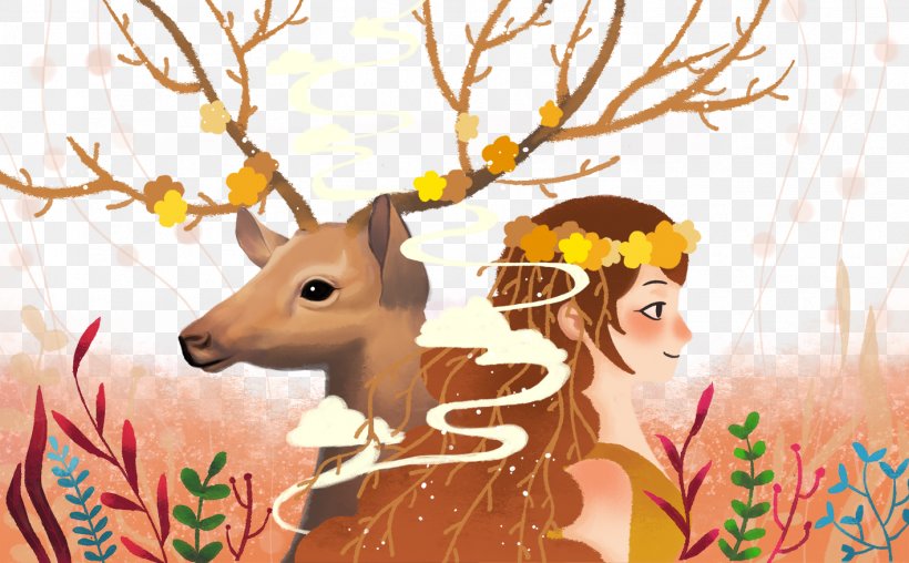 Reindeer Download Illustration, PNG, 1417x879px, Watercolor, Cartoon, Flower, Frame, Heart Download Free