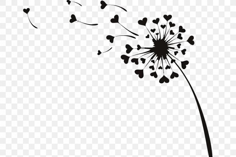 Common Dandelion Wall Decal Love Hearts Drawing, PNG, 1020x680px, Common Dandelion, Black, Black And White, Branch, Dandelion Download Free