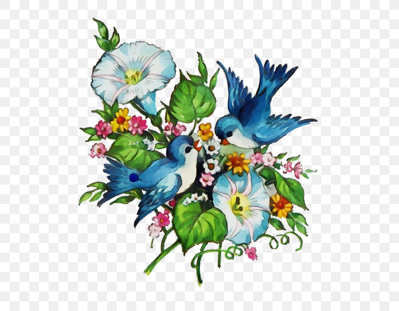Bird Bluebird Plant Flower Wing, PNG, 526x640px, Watercolor, Bird, Bluebird, Flower, Morning Glory Download Free