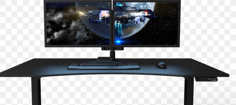 Computer Desk Game Gaming Computer, PNG, 1052x467px, Computer Desk, Computer, Computer Monitor, Computer Monitor Accessory, Desk Download Free