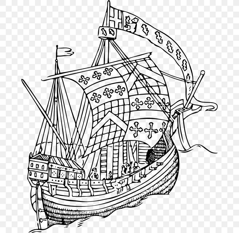 15th Century Sailing Ship Boat Clip Art, PNG, 674x800px, 15th Century, Artwork, Black And White, Boat, Caravel Download Free