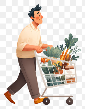 Man Doing Grocery - Man Pushing Shopping Cart With Groceries PNG