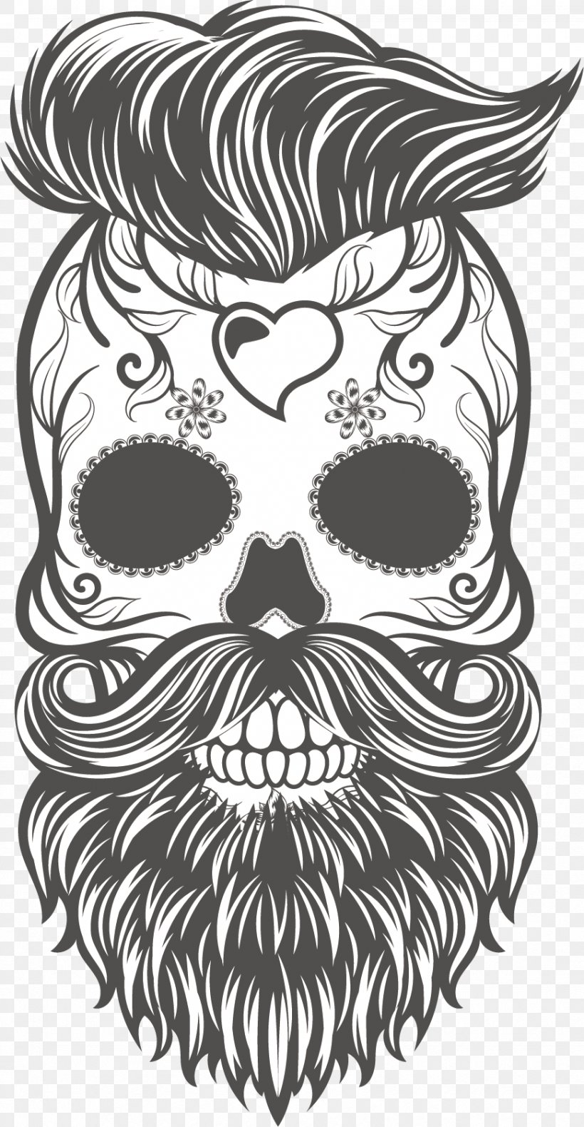 Calavera Skull Hipster Beard Sticker, PNG, 870x1677px, Calavera, Art, Beard, Black And White, Bone Download Free