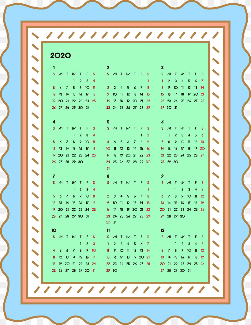 2020 Yearly Calendar Printable 2020 Yearly Calendar Year 2020 Calendar, PNG, 2317x2999px, 2020 Calendar, 2020 Yearly Calendar, Aqua, Green, Line Download Free